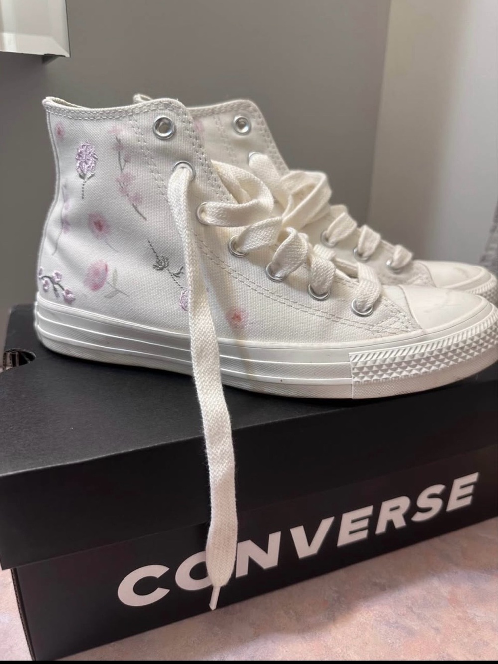 Converse Kids White High-Top Sneakers with Light Pink Floral Accents
